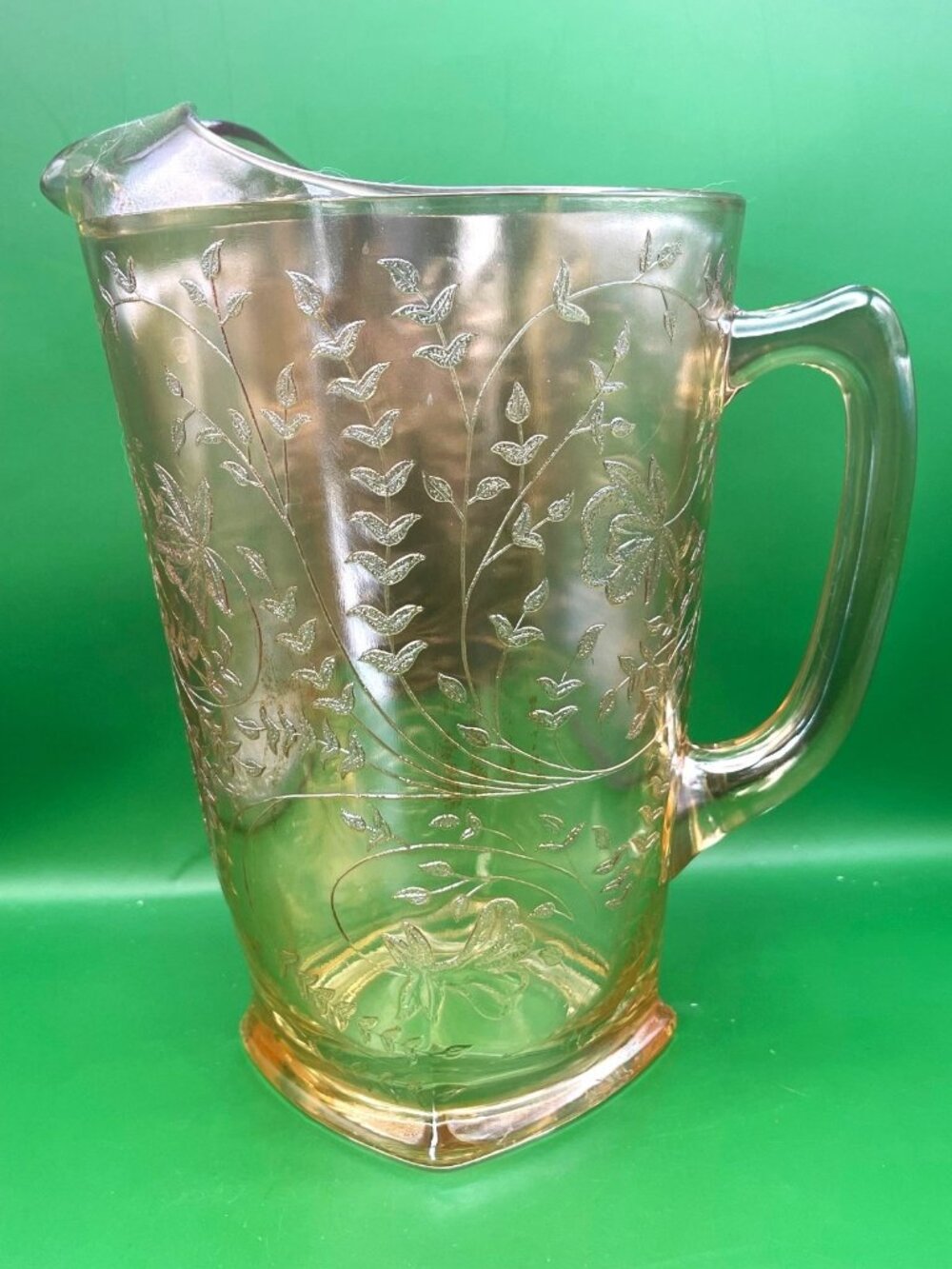 Jeannette Glass Floragold Louisa Amber Orange Peach Iridescent Pitcher Ice Lip